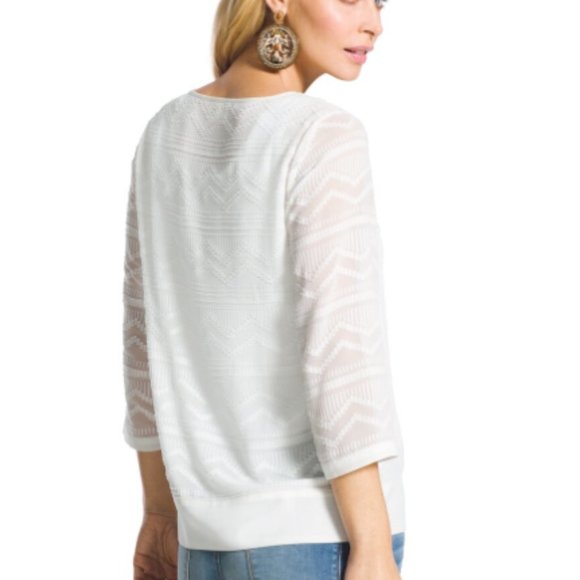 Chico's White Boxy Clip Jacquard Sheer Tunic 3/4 Sleeve Top Size 3 XL 16 - Picture 2 of 16